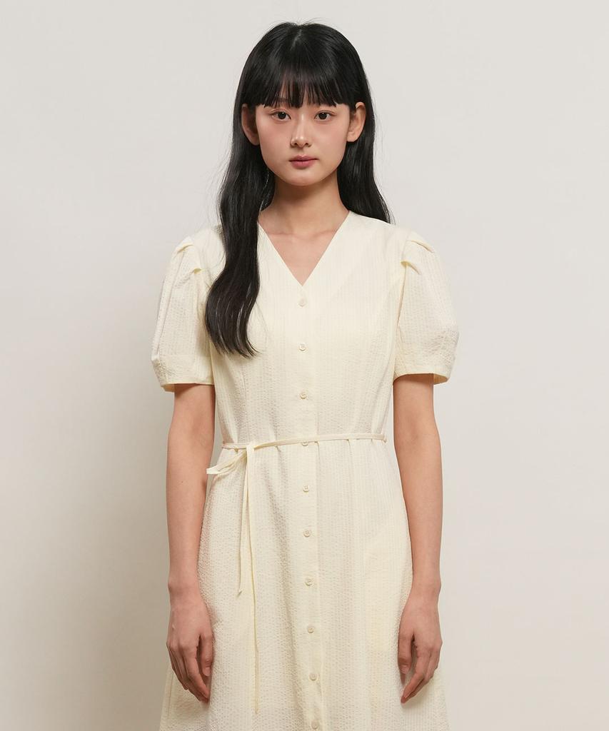 General Idea Striped V-Neck Puff Long Dress [Vanilla] / Gf2Lop514