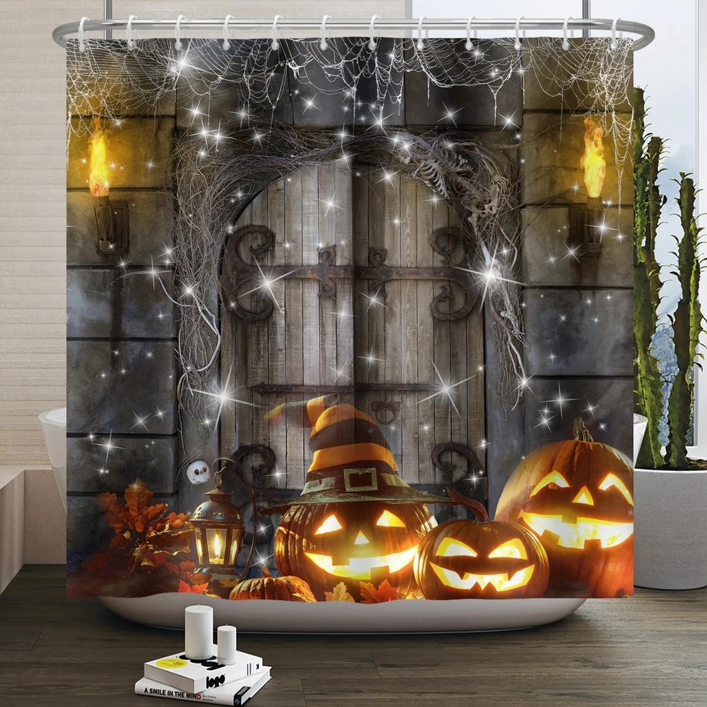 Хэллоуин Занавеска для душа Ужас Лунная ночь Тыква Череп Скелет Страшный Замок Ведьма Призрак Кладбище Водонепроницаемые Занавески для ванной