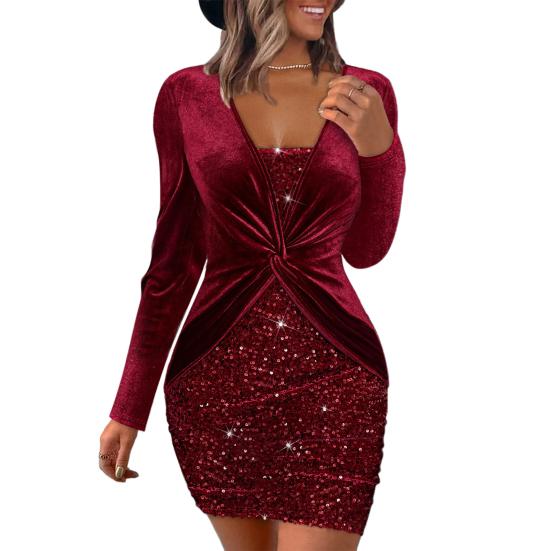 Lady Dress Low-cut Deep V Neck Tight Plus Size High Waist Knot Pleated Sexy Shiny Powder Long Sleeve Sheath
