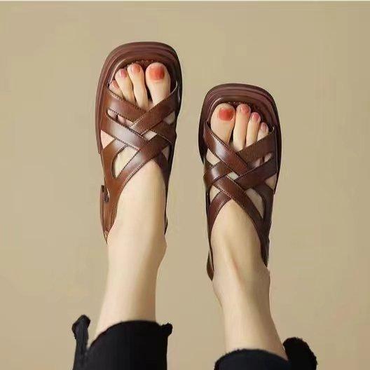 Женские сандалии модные плетеные римские сандалии летние ретро коричневые туфли с открытым носком на низком каблуке с открытой пяткой для женщин Sandalias Mujer