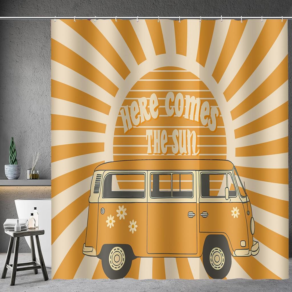 Here Comes The Sun Shower Curtain 72x72 Inches Boho Vintage Floral Bus Retro Hippie Orange Sun Sunshine Reversible for Home