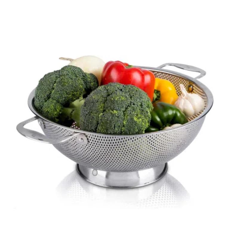 Дуршлаг из нержавеющей стали с двойной ручкой, корзина-сито для продуктов и пасты с самодренирующимся основанием-кольцом, мелкая сетка