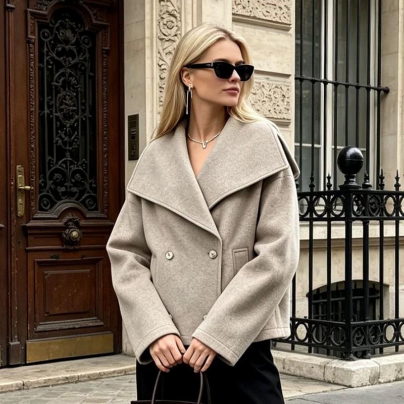 Womens Short Wool Blend Coat Double-Breasted Loose Fit Winter Outerwear Casual Elegant Office Wear