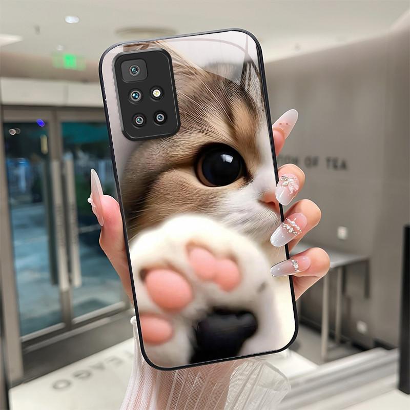 For Xiaomi Redmi 10 Prime 2022 Phone Case Tempered Glass Hard Shell flower Cute cats Coque For Redmi10 10Prime 2022 Back Cover