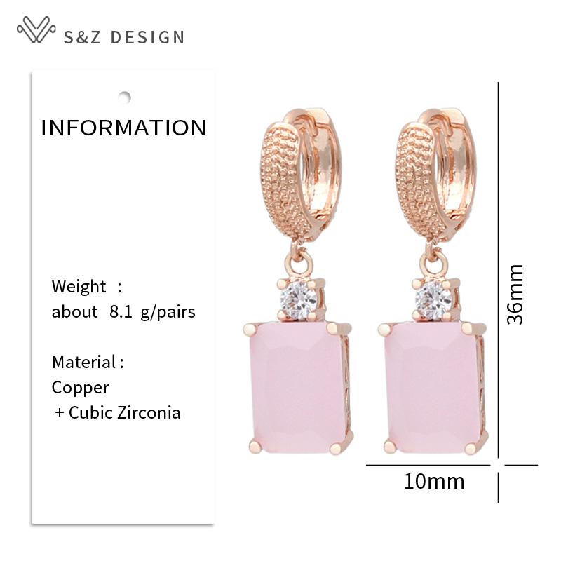 Fashion Pink Rectangle Cubic Zirconia Drop Earrings For Women Wedding Party Jewelry Classic Elegant Rose Gold Color Eardrop