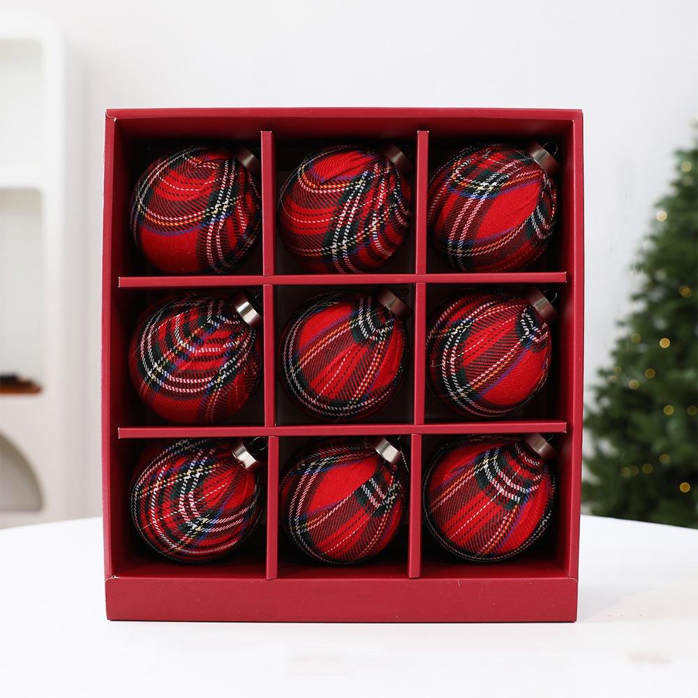 9Pcs Vintage Plaid Fabric Christmas Ball Set Grid Pattern Christmas Gift Spheres Home Decor