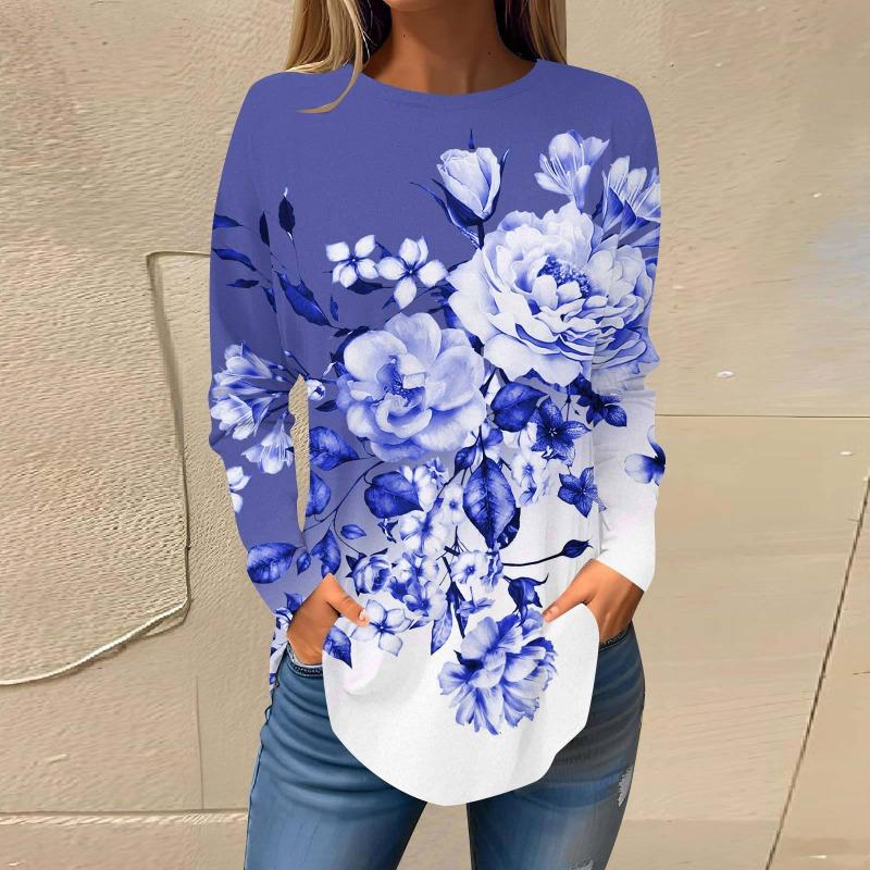 Повседневный топ с круглым вырезом и длинным рукавом, цветочная модная женская футболка большого размера с 3D-принтом, женские осенние свободные топы