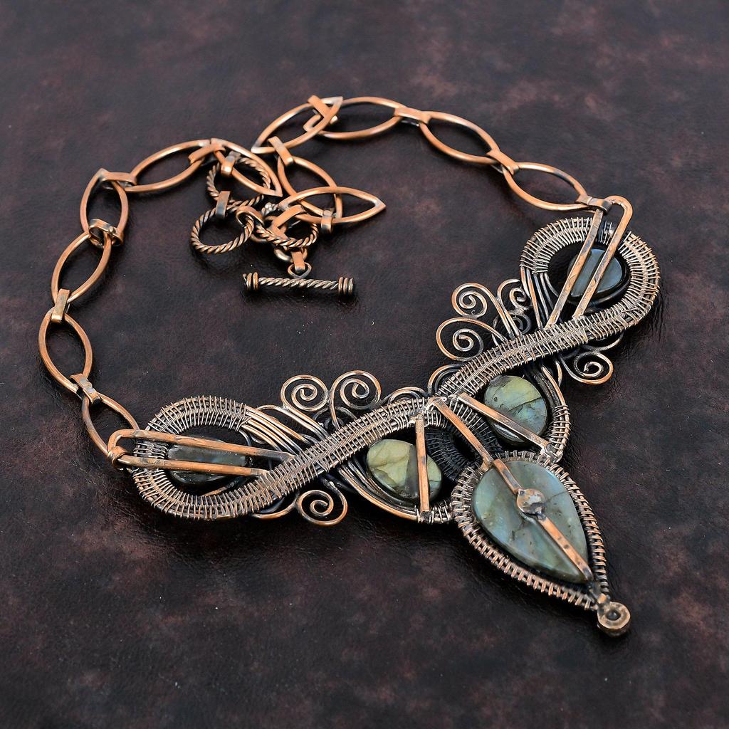 Ожерелье из драгоценного камня лабрадорита, ожерелье из медной проволоки, регулируемое ожерелье из цепочки, ожерелье ручной работы, красивые медные украшения, подарок для нее