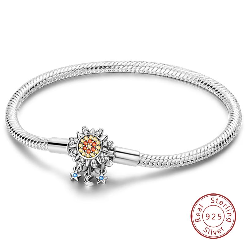 Браслеты из серебра 925 пробы 'Навсегда Любовь' Персиковое Сердце, Звезда, Луна, Самолет, Земля для Женщин, Подходят для DIY Шармов, Вечерние Украшения