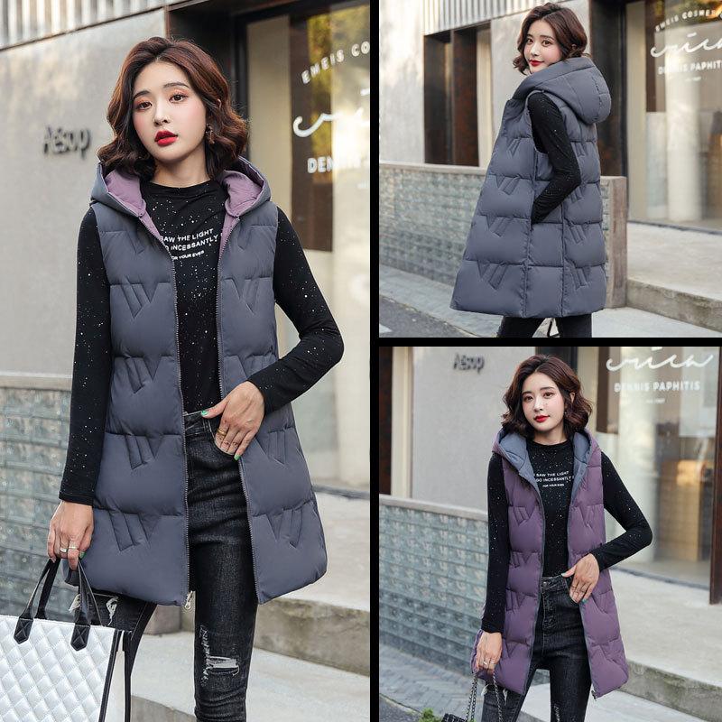 Autumn and Winter Women's Solid Color Loose Vest Hooded Long Reversible Vest Jacket Cotton Padded Women's Windproof Warm Vest