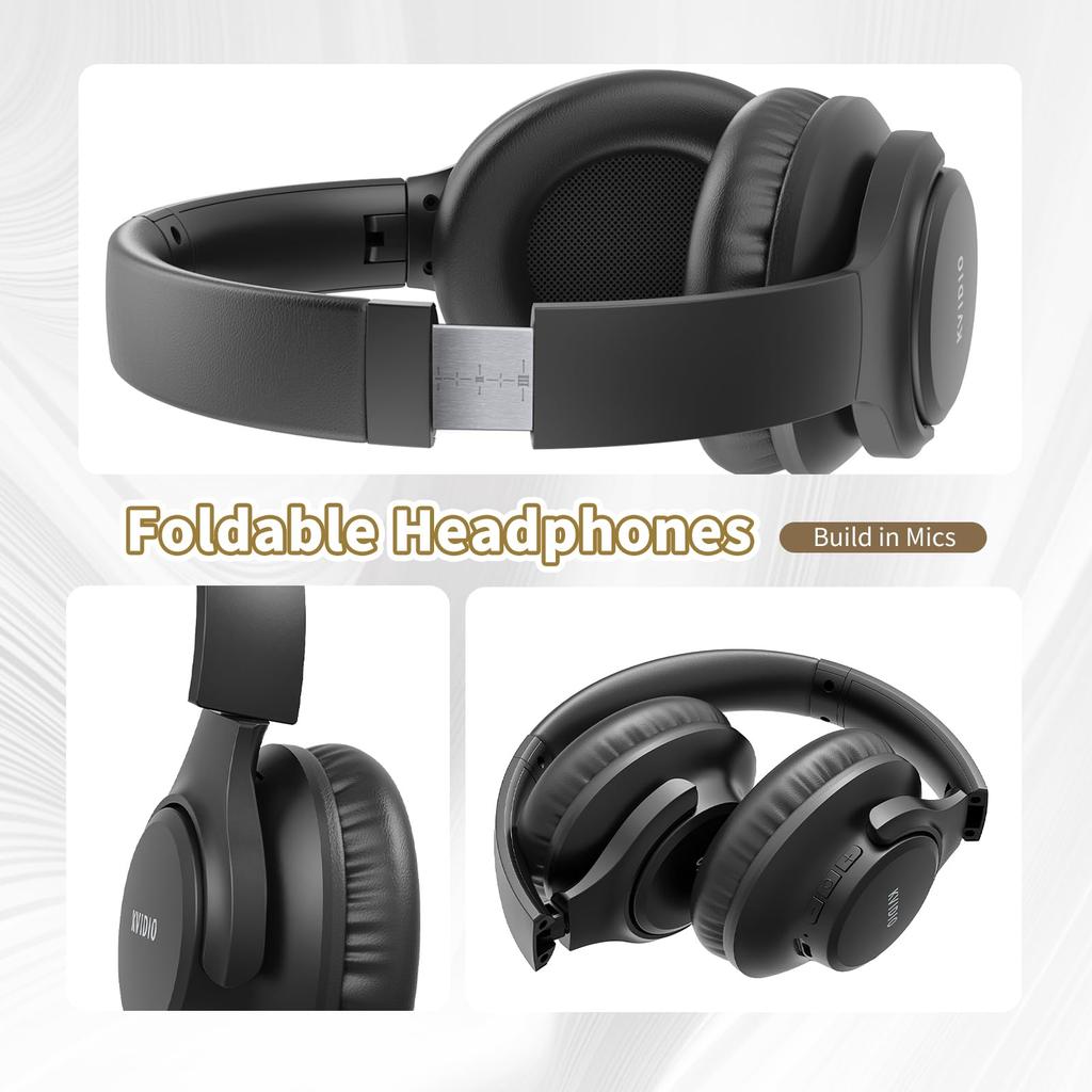 KVIDIO Беспроводные накладные наушники Bluetooth 5.4 65 часов воспроизведения 40-мм HD-драйвер Встроенный микрофон Проводное и беспроводное подключение Звукоизолирующие Закрытого типа Черный