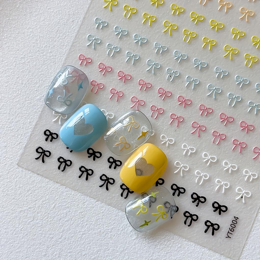 1pc Embossed Colorful Bow Nail Stickers, Multicolor Simple Decoration Decals for DIY Nails Small Bow Patterns