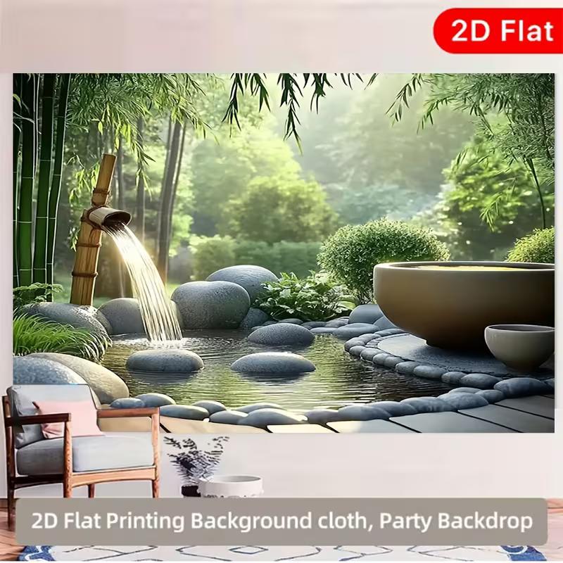 2D Relaxing Zen Garden with Bamboo, Stones & Water Background