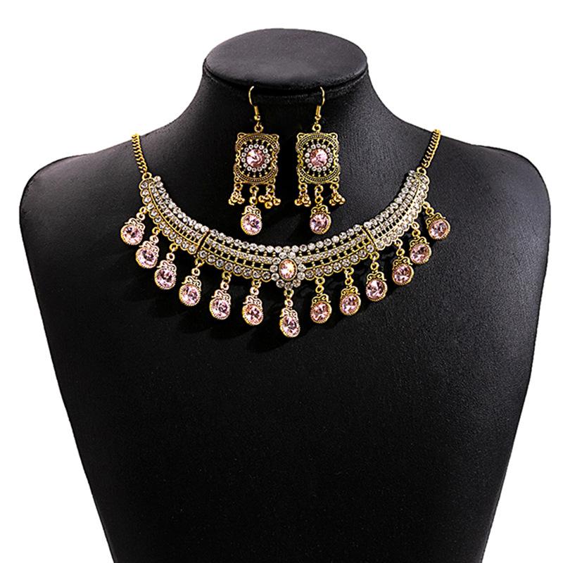 Vintage Exaggerated Rhinestone Necklace, Dinner Dress Geometric Square Jewelry Set With Diamond Water Drop Earrings For Women