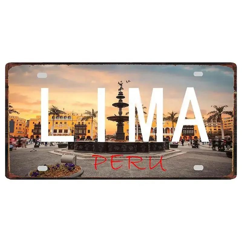 Peru Lima Cusco Car License Pate Retro Rusted  Art Front Vanity Tag Wall Poster Decor for Bar Garage Home Decoration Plaques