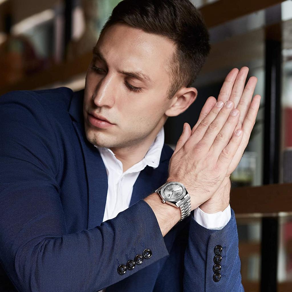 BUREI Аналоговые Популярные Водонепроницаемые Кварцевые Деловые Светящиеся Подарок на День рождения Мужские Часы, Бренд, Механизм, Часы, Модные, Простые, Серебристо-Белые Часы,