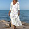 Dresses For Womens Vintage Print Tunic Waisted Midi Dress Summer Casual 3/4 Sleeve Dress