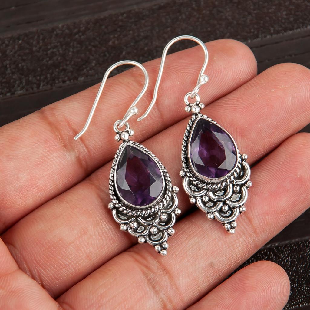 Natural Amethyst Gemstone 925 Sterling Silver Jewelry Handcrafted Earrings 1.9" EE-85-2