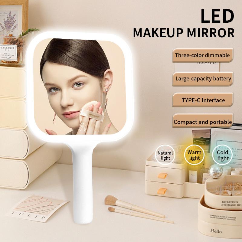Portable Handheld Makeup Mirror 3 Color Light Led Makeup Mirror Touching Mirror Square Makeup Vanity Mirrors With Handle Hand