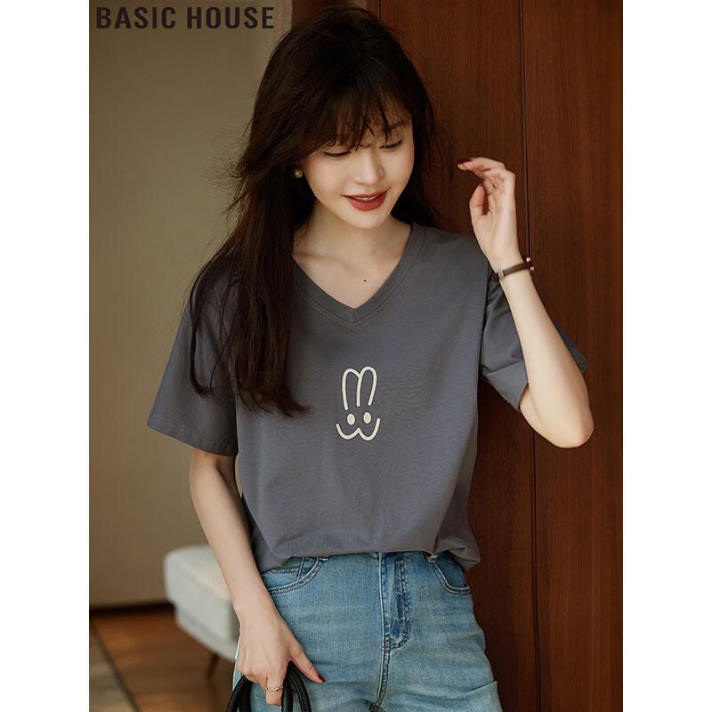 Basic House Women's V-Neck Short Sleeve Printed T-Shirt
