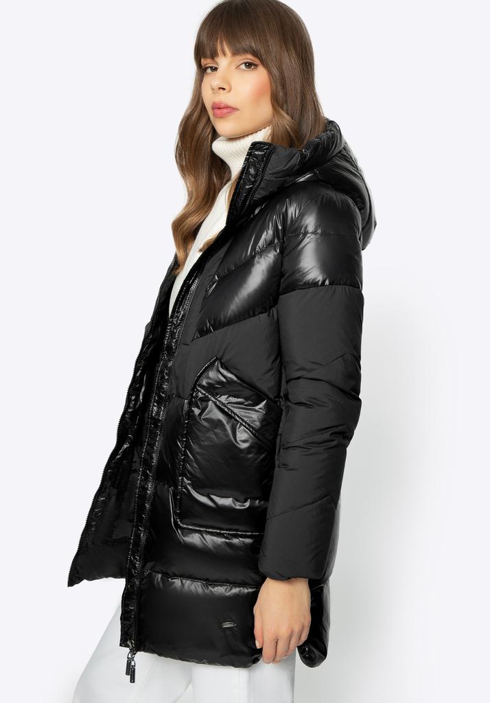 Wittchen Women's Down Coat In Combination Materials With Hood, Black Nylon