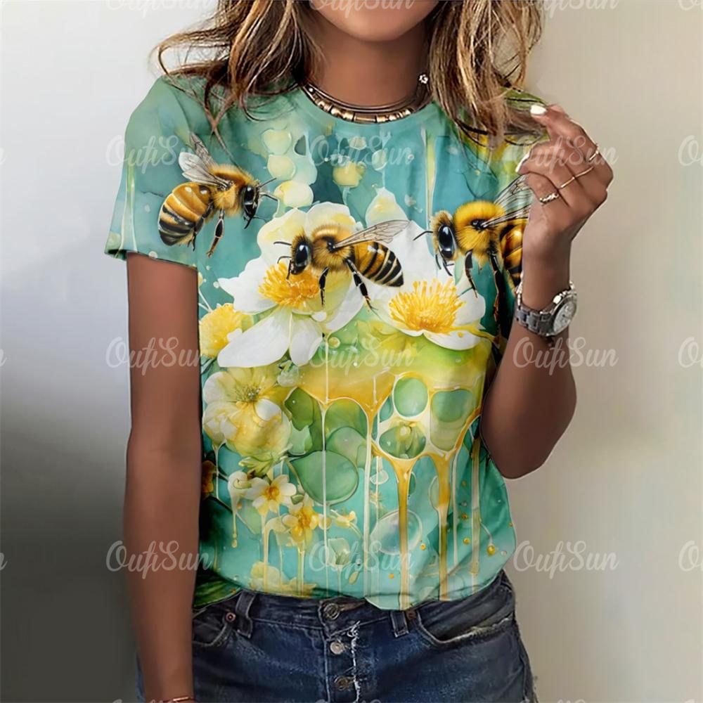 2025 Модные женские футболки, блузки с принтом пчелы, топы для женщин, базовые повседневные женские футболки с принтом, свободная женская одежда