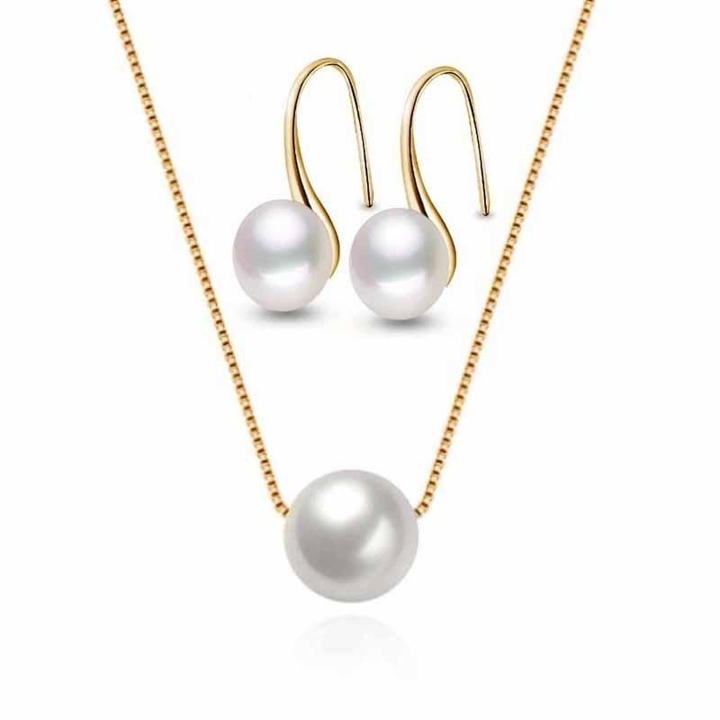 Simple Artificial Pearl Pendant Necklace Earrings Jewelry Set  For Women