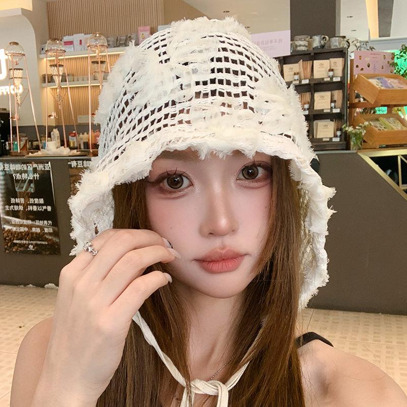 Bohemian style tie-back beanie for women, spring and autumn hollow-out floral knitted hat, breathable and versatile headwrap