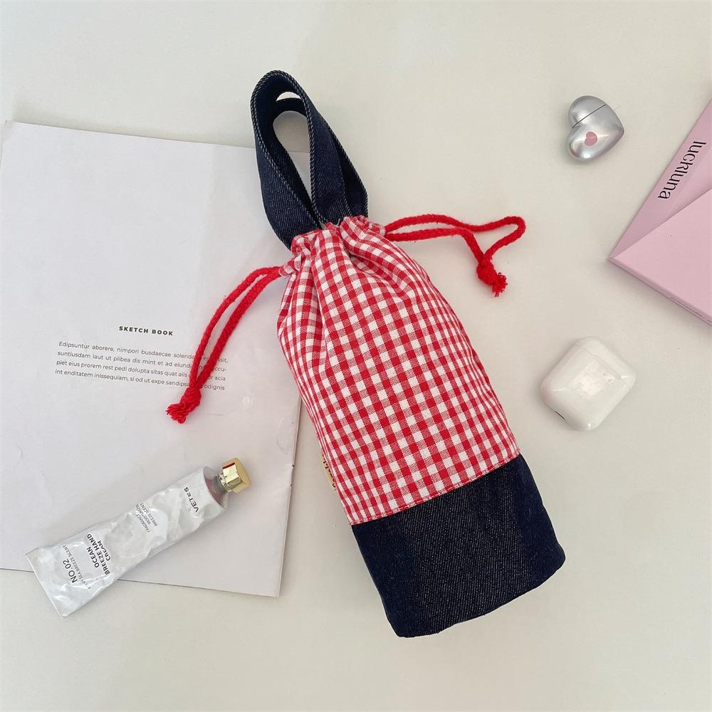 Outdoor Drawstring Canvas Cup Bag Grid Small Storage Bag Fashionable Water Bottle Cover  Outdoor