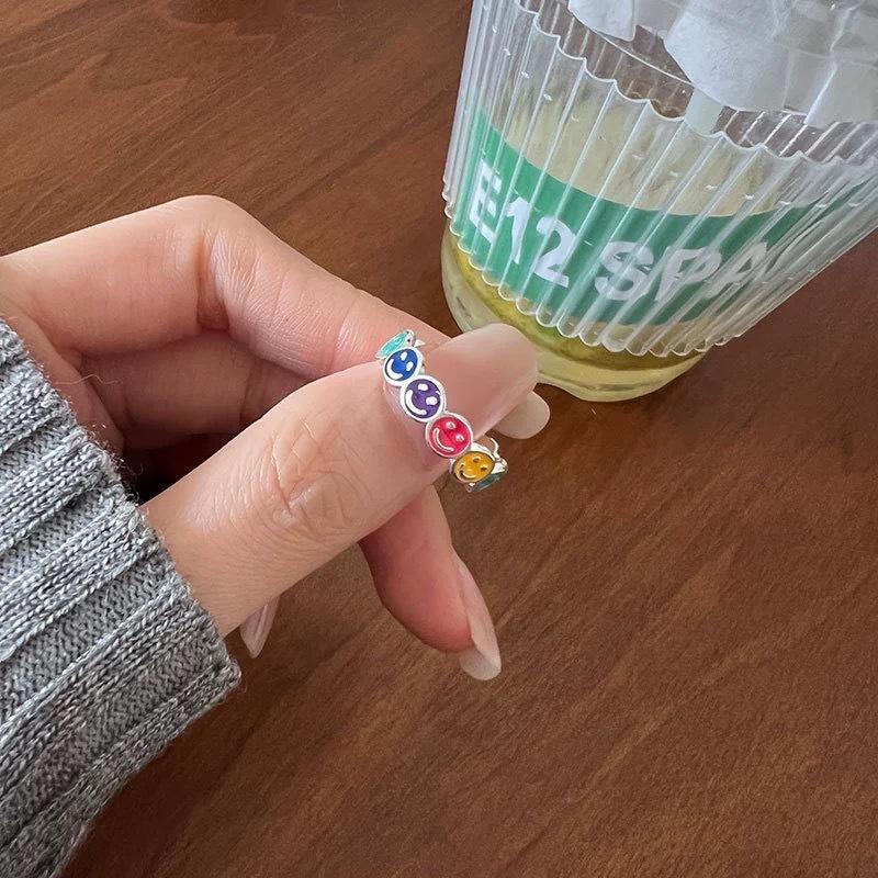 925 Silver Adjustable Open Ring, Colorful Rainbow Enamel Smiley Face Ring, Trendy Happy Face Stackable Ring for Girls
