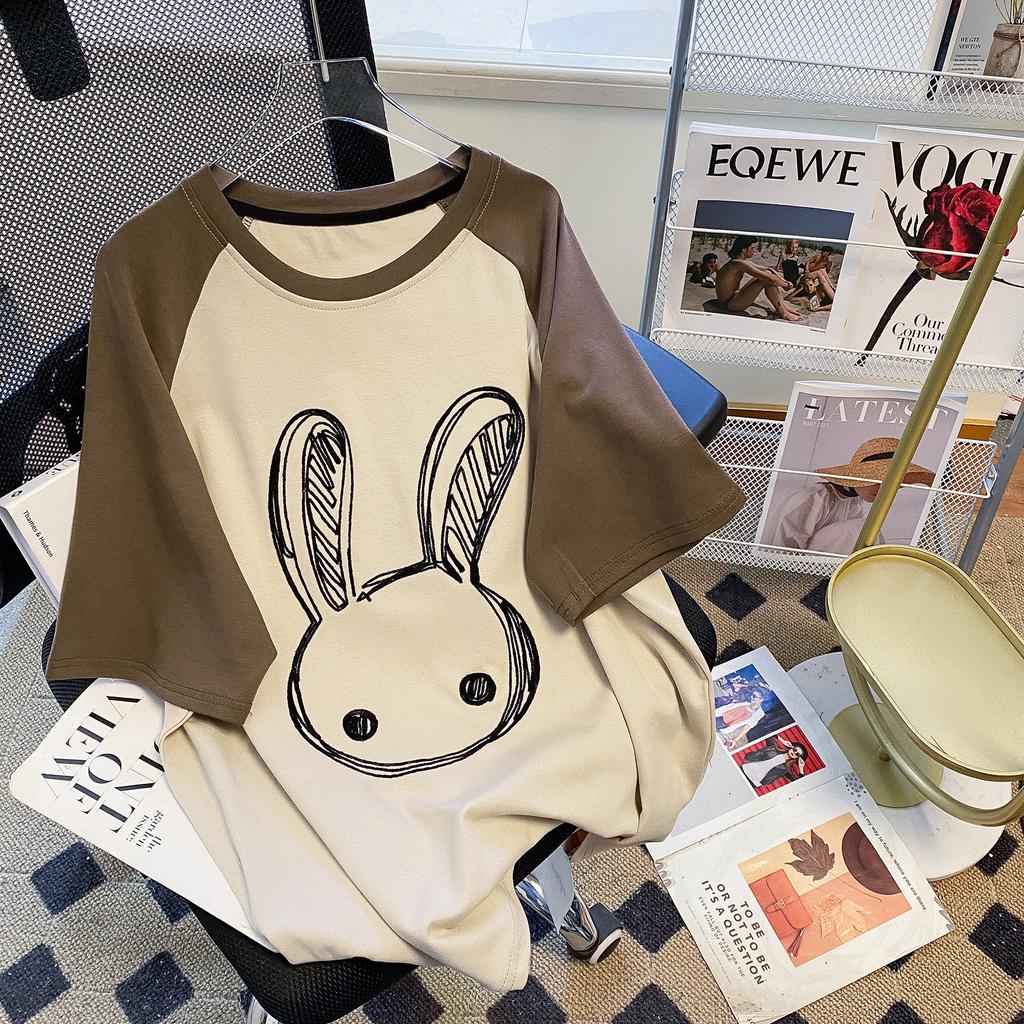 Футболка большого размера с короткими рукавами для женщин, с принтом американского ретро-кролика, реглан, летняя, новая, женская, модная, повседневная, свободная