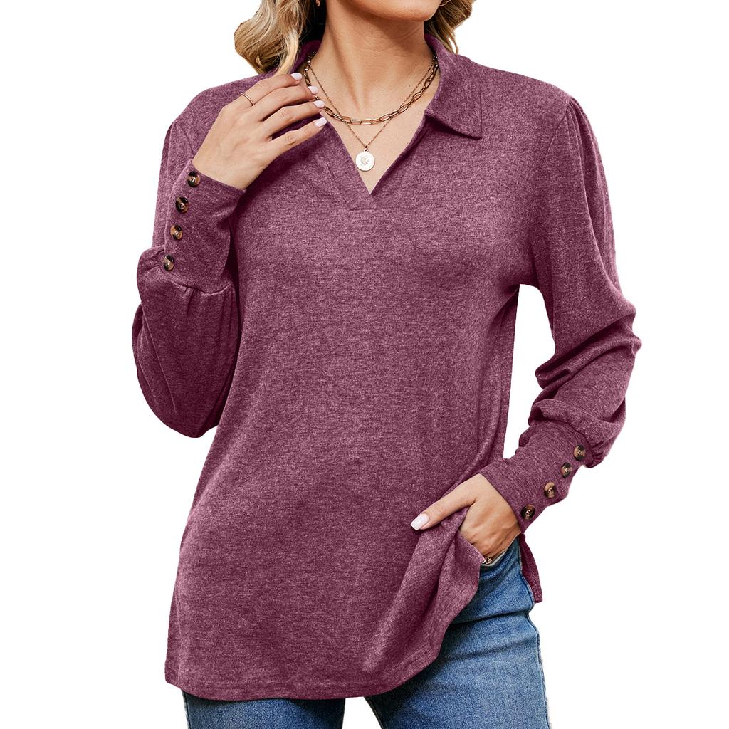 Spring and Autumn Women's Blouse Lapel Long Sleeve Button Loose Milled Long Sleeve Top