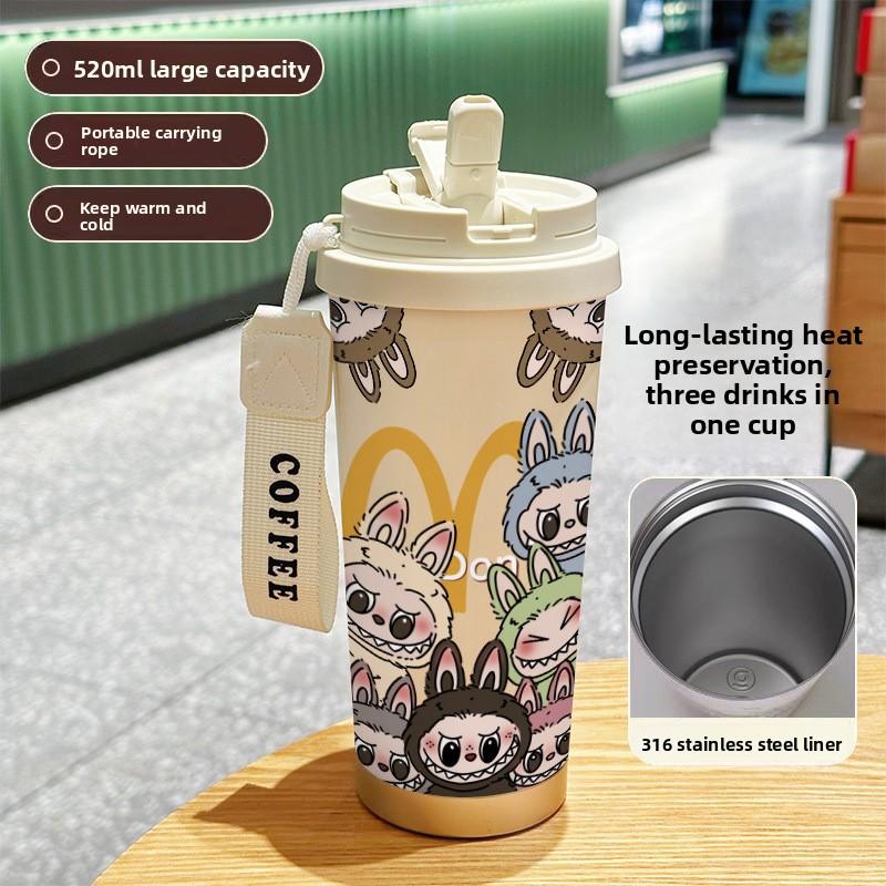 Large Capacity 316 Stainless Steel High Value Double Drink Thermos Cup Seven Labubu Cloth Straw Car Coffee Cup
