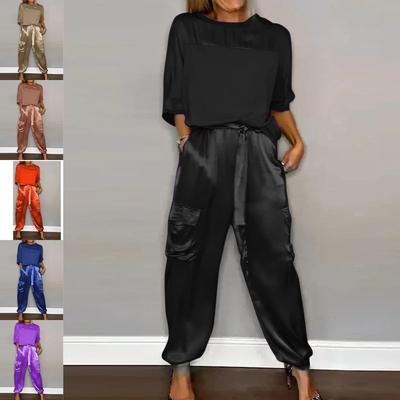 Женский летний гладкий атласный топ и брюки с короткими рукавами, комплект из двух предметов, весенний наряд с круглым вырезом на шнуровке, элегантный элегантный костюм для отдыха