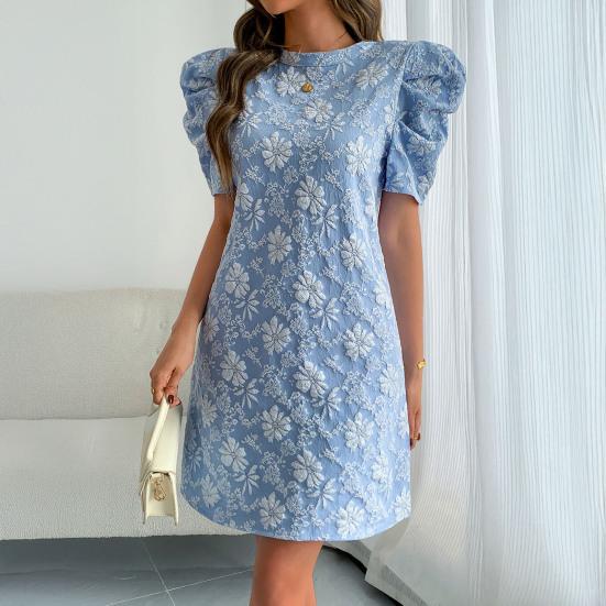 Женское фактурное жаккардовое платье с круглым вырезом и короткими рукавами-фонариками, платье А-силуэта, летние мини-платья с цветочным принтом, короткое вечернее платье