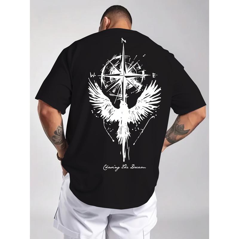 Men'S Casual Crew Neck T-Shirt - Summer Short Sleeve Eagle And Compass Graphic Print, 100% Regular Fit, Slightly Stretchy Breathable Fabric, Machine