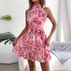 Spring Summer Women Halter Neck Sleeveless Temperament Lace Up Ruffled Floral A Line Short Dress S-XXL