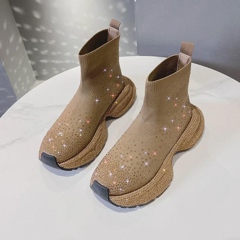 Женские высокие кроссовки европейского образца 2024 года: Эластичные трикотажные носки с толстым декором из стразов