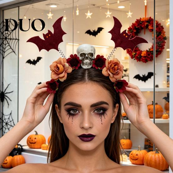 Unique Flower Headbands for Halloween Skeleton Bat Headband, Gothic Floral Skull Hair Bands, Spooky Stylish Bands Accessory, Lightweight No