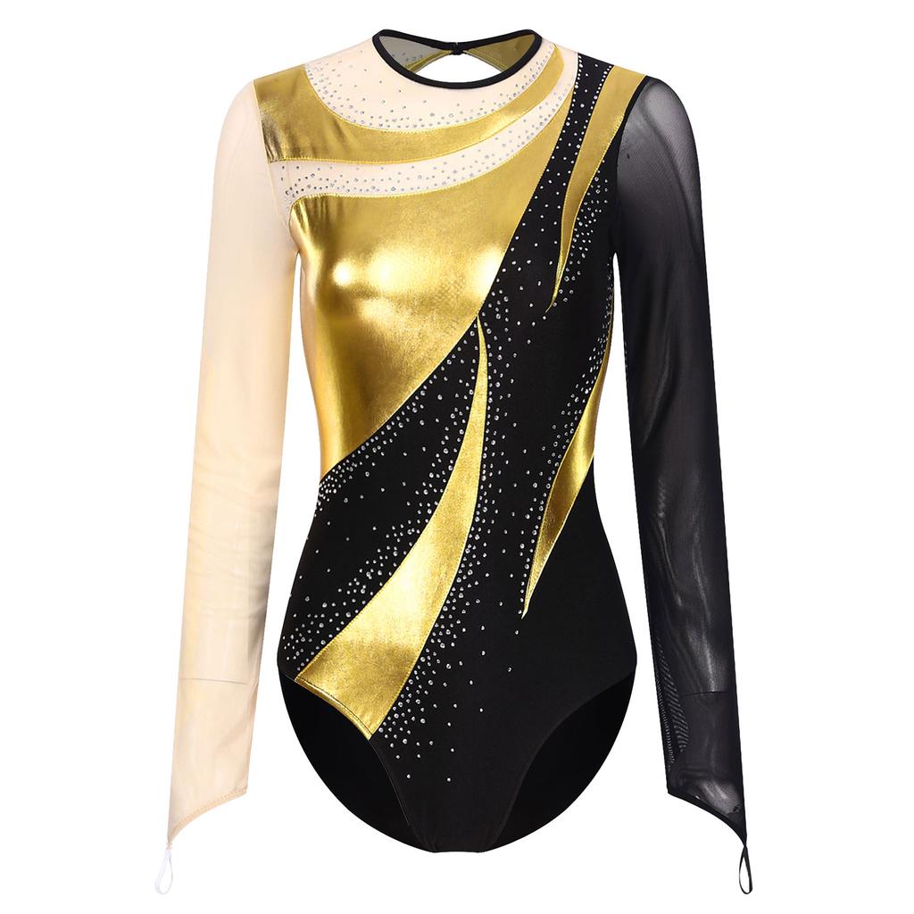 Womens Gymnastics Leotard Metallic Contrast Color Patchwork Sheer Mesh Long Sleeve Cutout Back Rhinestones Dancewear