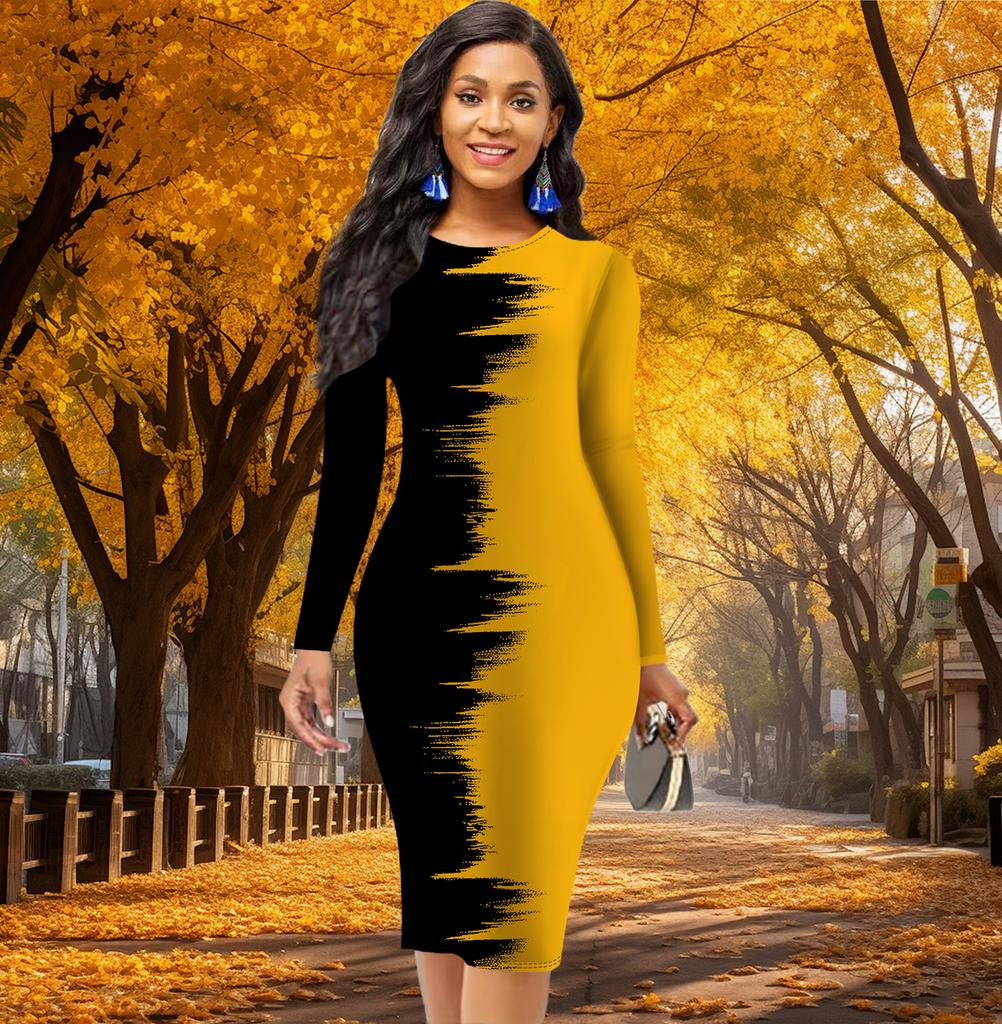 Длинный рукав, облегающее, офисное, облегающее, двухцветное, с принтом, элегантное, облегающее платье