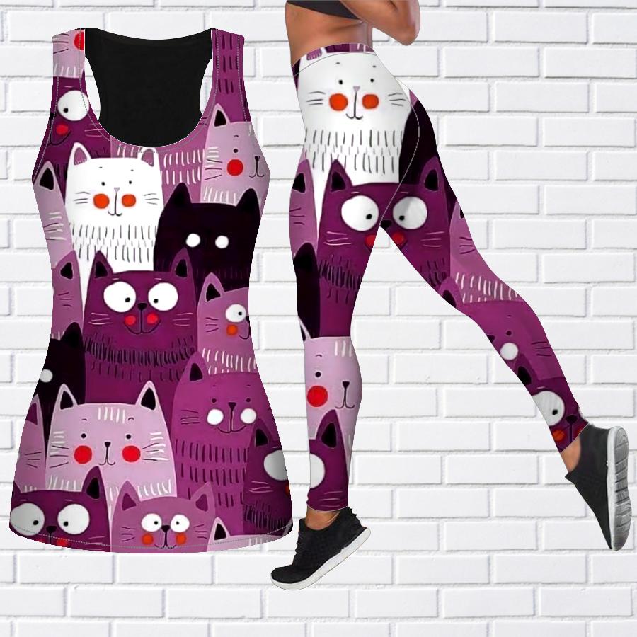 Экипировка для йоги с мультяшным котенком и принтом для женщин, модные леггинсы для тренировок, спортивные повседневные штаны для фитнеса и йоги