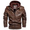 Casual Leather Jacket Men Warm Windproof Faux Leather Motorcycle Bomber Coat Fashion PU Leather Hooded Pilot Outerwear Jackets EURO Size