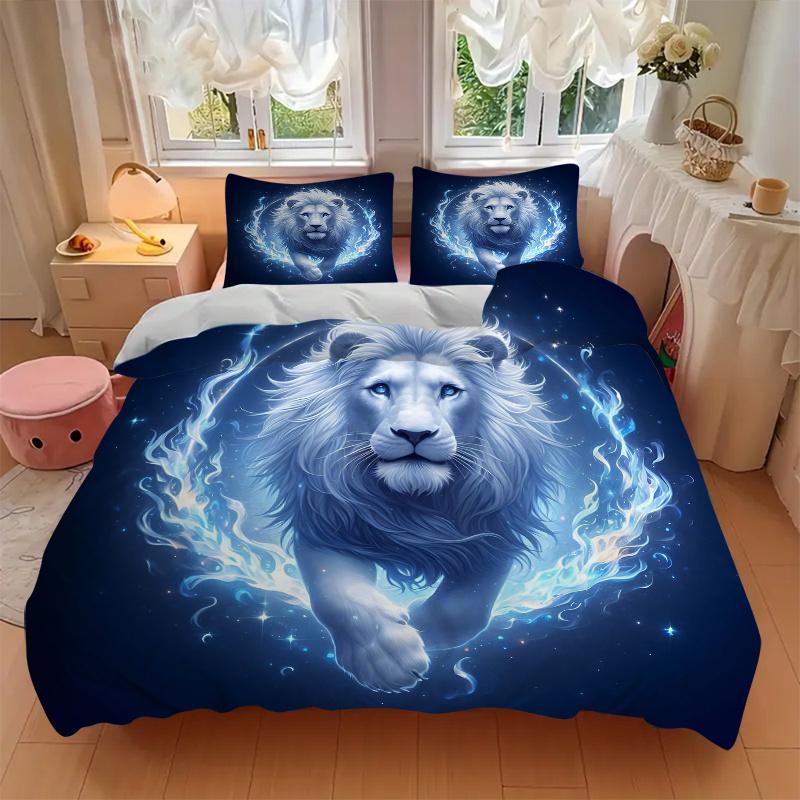 3pcs Blue Flame Majesty Lion Bedding Set - 1 Soft Quilt Cover + 2 Pillowcases, Machine Washable - Suitable for All Seasons, Perfect Gift for Fami