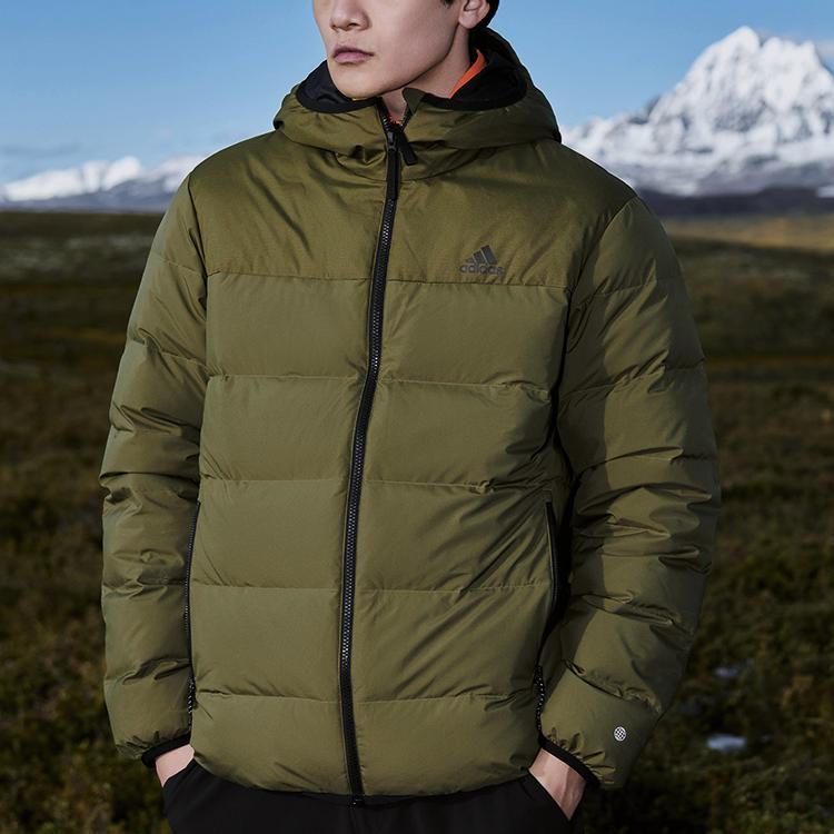 Adidas Пуховик на молнии с капюшоном и логотипом, верхняя одежда унисекс, зеленый HZ2593