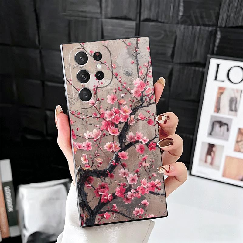 Чехол-накладка для Samsung Galaxy S26 S25 Edge S24 Ultra S23 Plus S22 S21 FE S20, мягкий, с рисунком Сакуры (Цветущей вишни), Черный