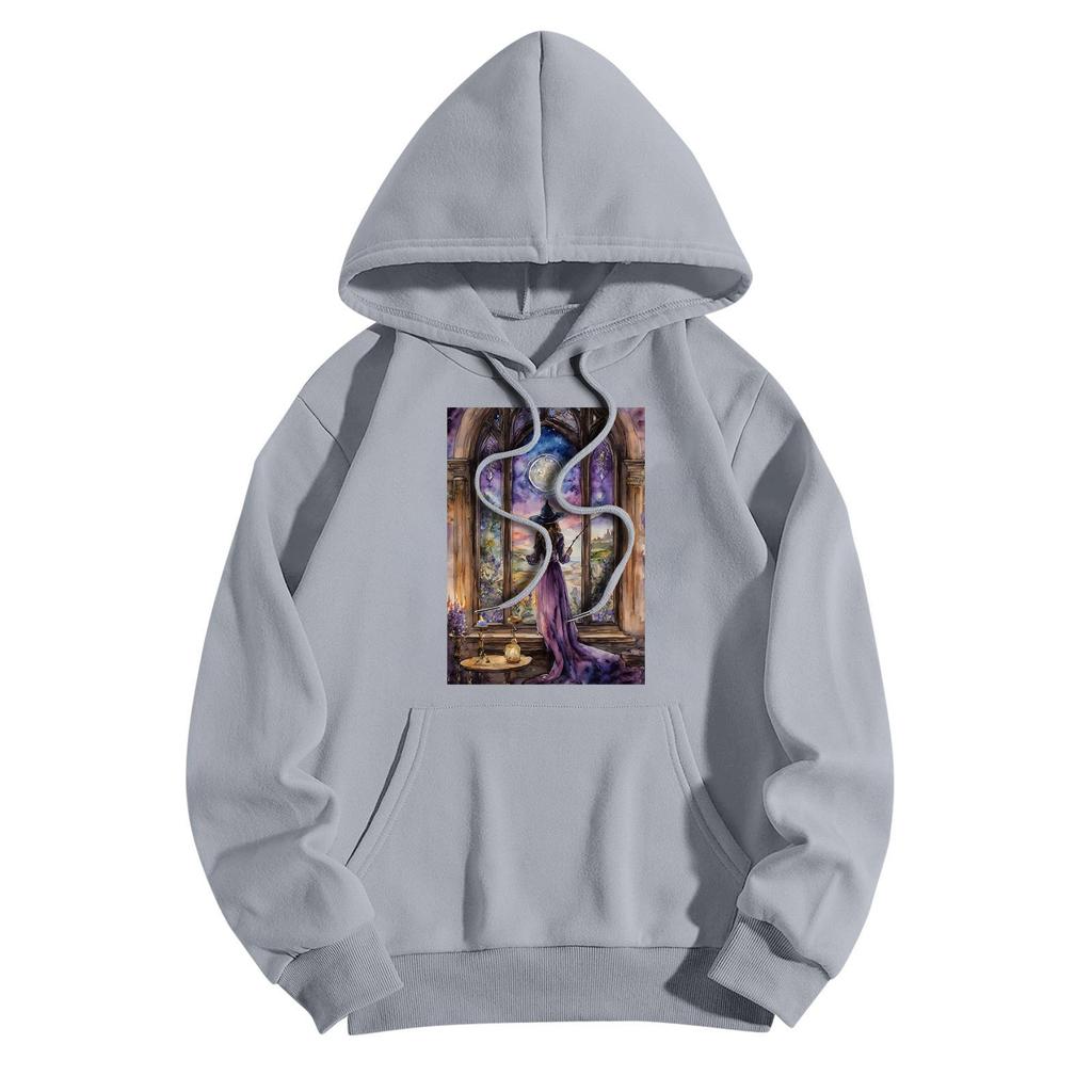 Women's Fashionable Casual Halloween Witch Print Hooded Sweatshirt With Pockets Long Sleeved Sweatshirt