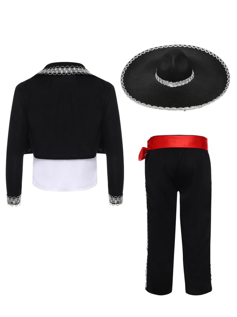 Детский традиционный костюм мариачи, набор из 5 предметов, включая жилет, брюки, куртку, пояс и шляпу для Хэллоуина, мексиканского косплея, выступления