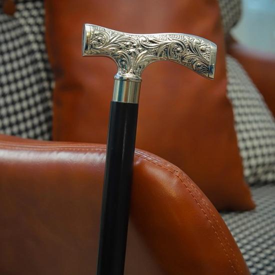 93.98 Cm Engraved Silver Handle Walking Cane Black Wooden Support Stick Handmade Elegant Walking Aid Formal Gentlemen’s Cane