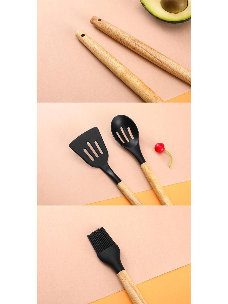 Набор из 12 предметов кухонной утвари с антипригарным силиконовым покрытием и деревянными ручками